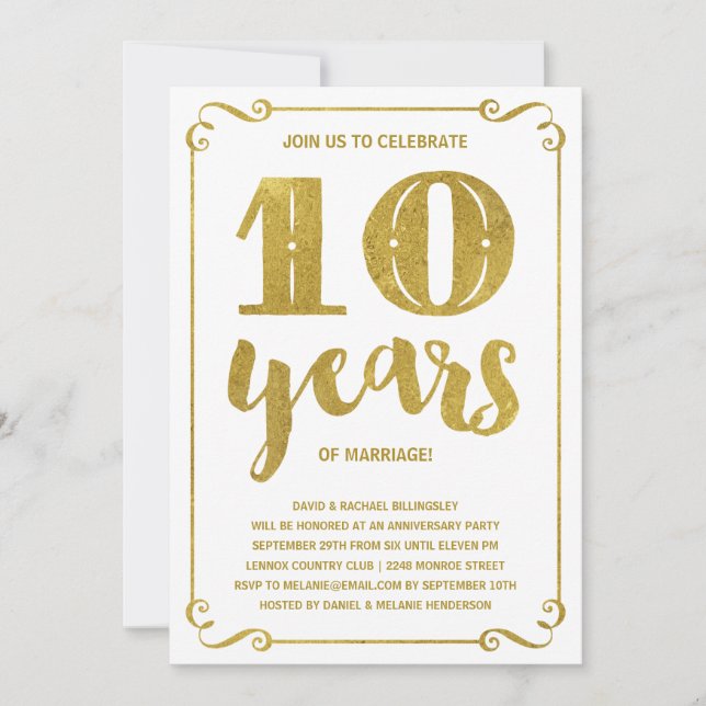 Convite Tipografia Dourada | Faux Foil 10.o Aniversário (Frente)