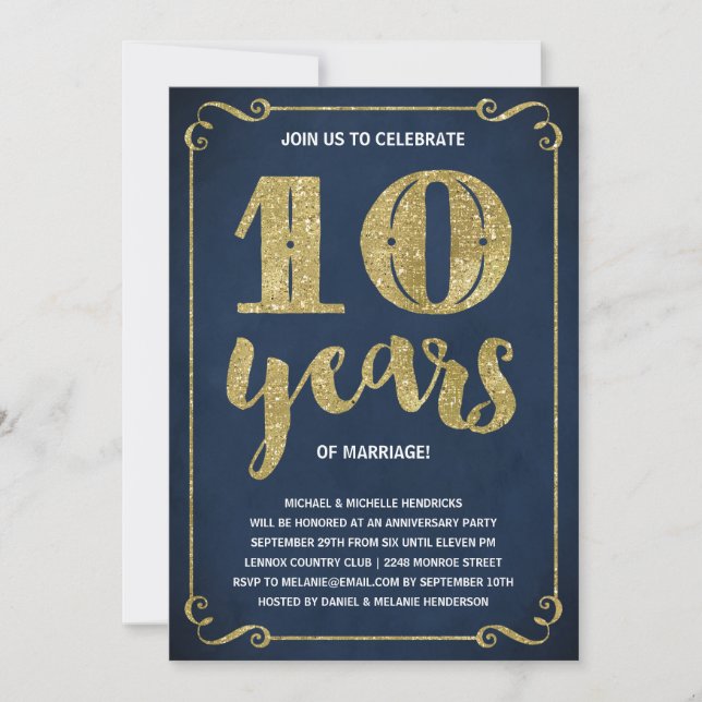 Convite Tipografia Dourada | Faux Foil 10.o Aniversário (Frente)