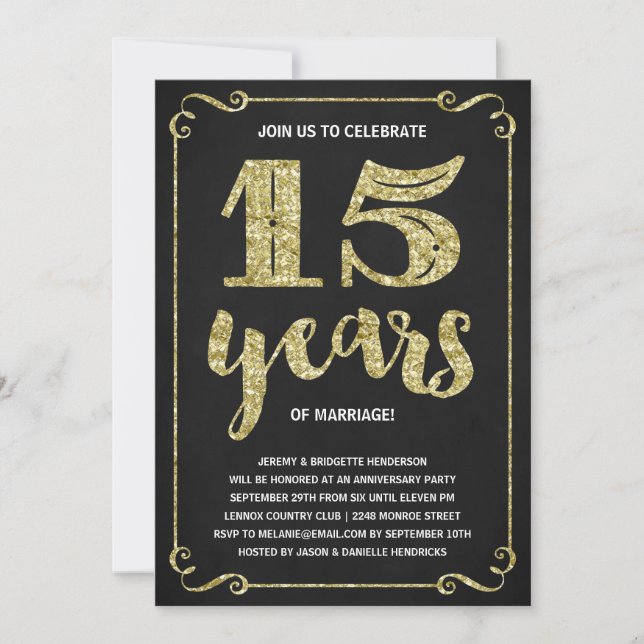 Convite Tipografia Dourada | Faux Foil 15 Anniversário (Frente)