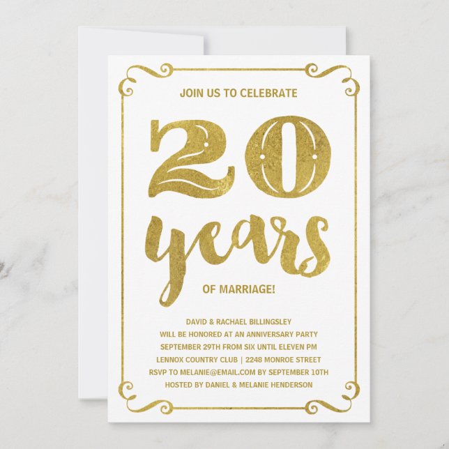 Convite Tipografia Dourada | Faux Foil 20 Anniversário (Frente)