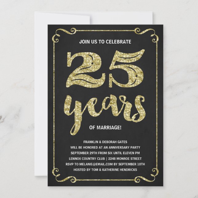 Convite Tipografia Dourada | Faux Foil 25 Anniversário (Frente)