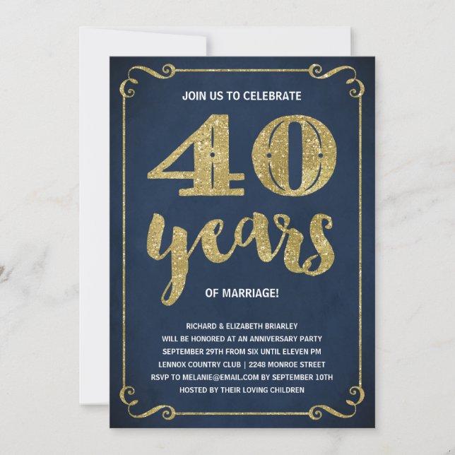 Convite Tipografia Dourada | Faux Foil 40.o Aniversário (Frente)