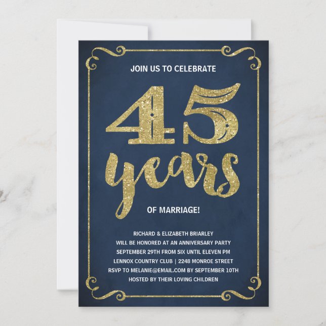 Convite Tipografia Dourada | Faux Foil 45.o Aniversário (Frente)