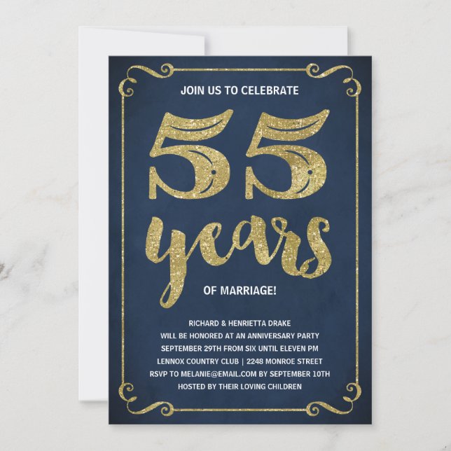 Convite Tipografia Dourada | Faux Foil 55.o Aniversário (Frente)