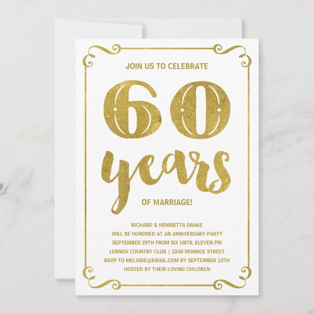 Convite Tipografia Dourada | Faux Foil 60.o Aniversário (Frente)