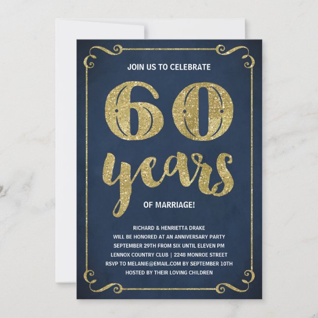 Convite Tipografia Dourada | Faux Foil 60.o Aniversário (Frente)