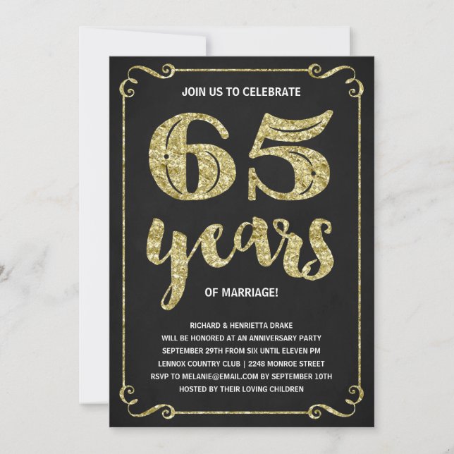 Convite Tipografia Dourada | Faux Foil 65.o Aniversário (Frente)