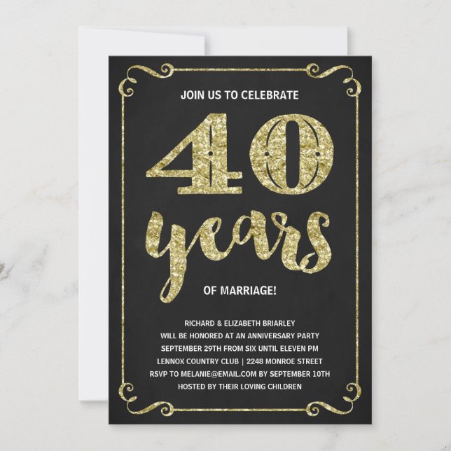 Convite Tipografia Dourada | Folha Falsa de 40º Aniversári (Frente)