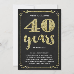 Convite Tipografia Dourada Folha Falsa de 40º Aniversári