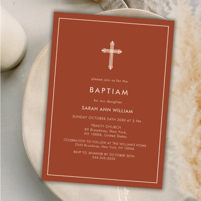 Convite Tipografia Dourada Laranja Queimada Baptismo cruza (Burnt Orange Gold Typography Cross Frame Baptism Invitation)