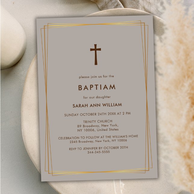 Convite Tipografia Dourada neutra e elegante cruza batismo (Neutral Elegant Gold Typography Cross Baptism Invitation)