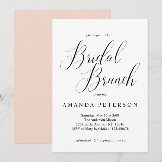 Convite Tipografia Elegante Calliografia Bridal Brunch (Frente/Verso)