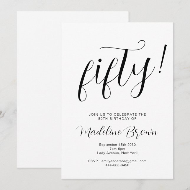 Convite Tipografia Elegante White 50th Birthday (Frente/Verso)