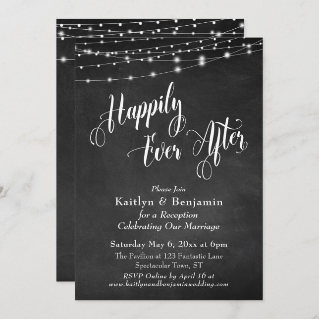 Convite Tipografia Felizes para Sempre Quadro Negro Luzes (Frente/Verso)