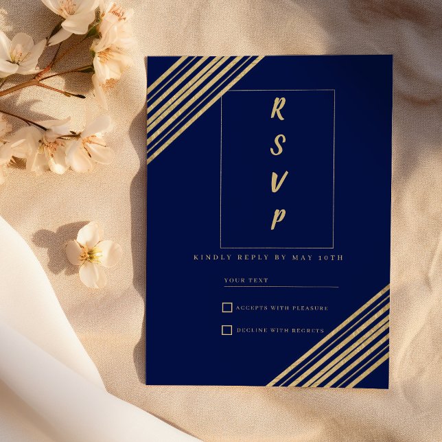Convite Tipografia geométrica azul marinho dourada RSVP  (Geometrical navy blue gold typography RSVP)