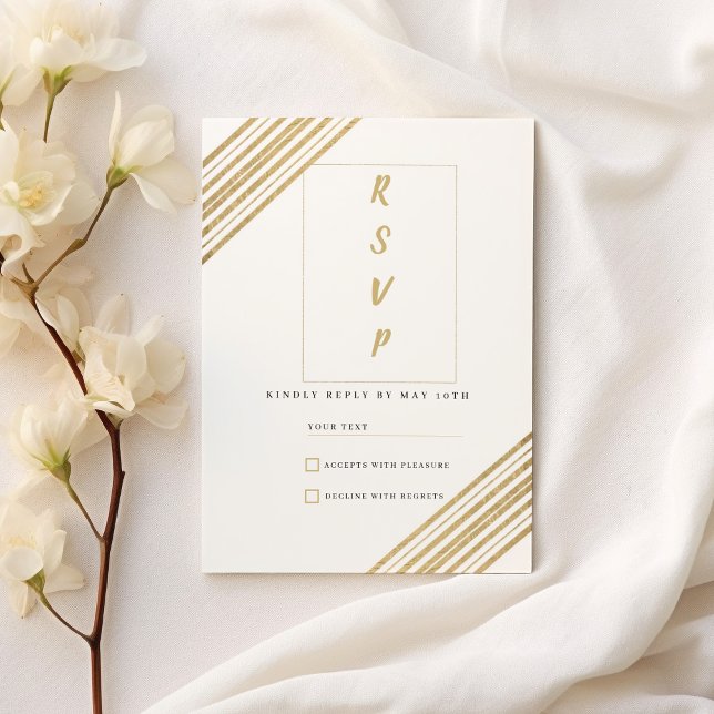 Convite Tipografia geométrica branca e dourada RSVP (Geometric white and gold typography RSVP)
