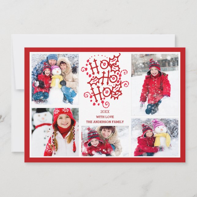 Convite Tipografia HO HO HO 5 Photo Christmas Holiday Card (Frente)