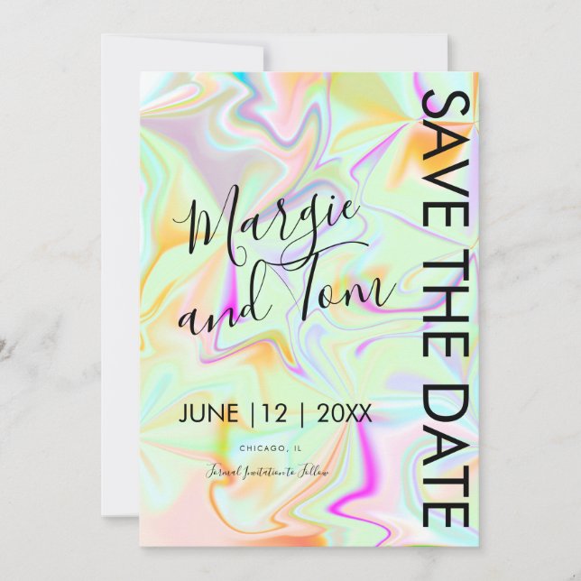 Convite Tipografia Holográfica Abstrato Salva a Data (Frente)