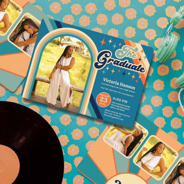 Convite Tipografia Laranja Azul Graduação Sol de Verão (Criador carregado)