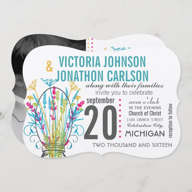 Convite Tipografia Mason Jar Coral Amarelo Azul (Frente/Verso)