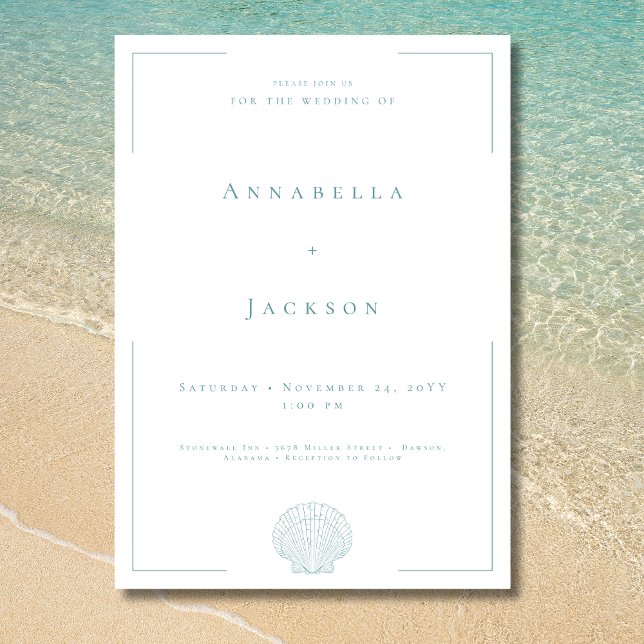 Convite Tipografia Mínima Casamento Aqua e Branco (Minimal Typography Aqua White Shell Wedding Invitation)