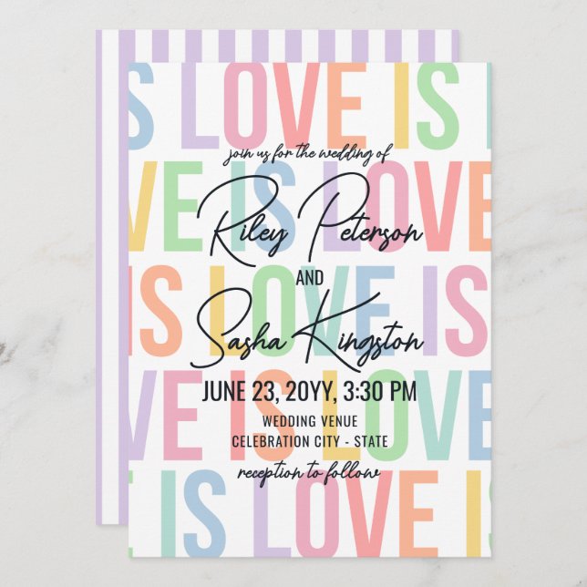 Convite Tipografia Moderna Arco-íris Casamento LGBTQA (Frente/Verso)