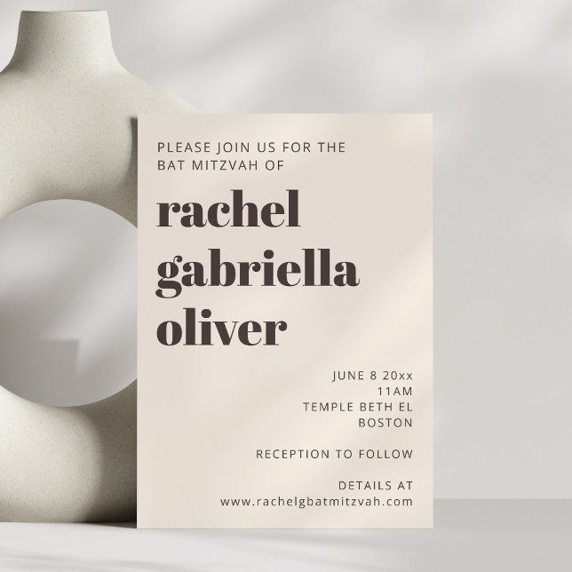 Convite Tipografia Moderna Bat Mitzvah Bege Creme Marrom (Criador carregado)