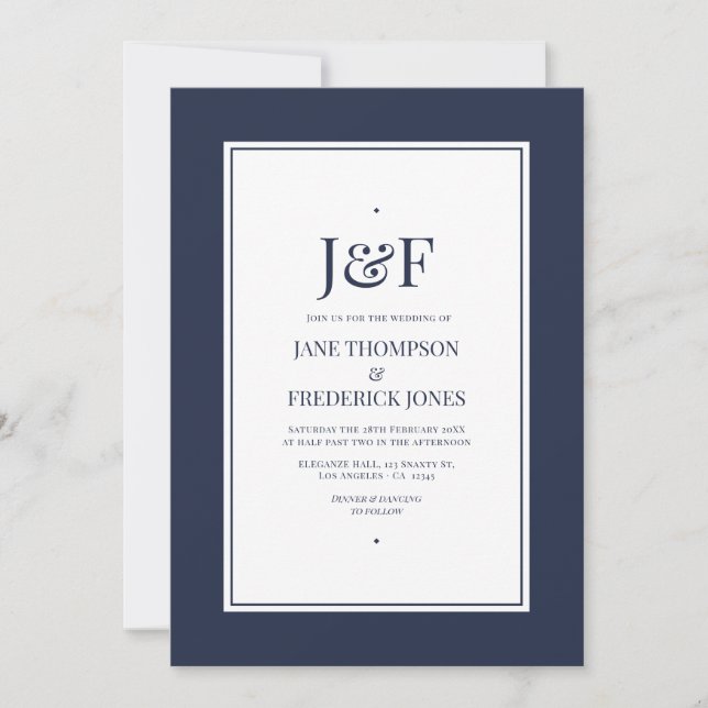Convite Tipografia Moderna Casamento Azul-Navy e Branco (Frente)
