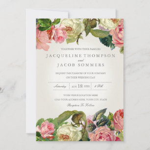 Convite Tipografia Moderna Casamento Floral Rosa Vintage