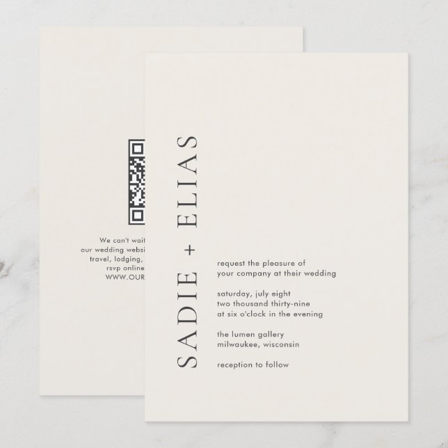 Convite Tipografia Moderna Casamento QR Code Bege Elegante (Frente/Verso)
