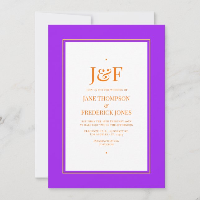 Convite Tipografia Moderna Casamento Roxo, Laranja e Amare (Frente)