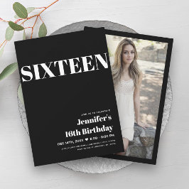 Convite Tipografia Moderna de Black & White Sweet 16