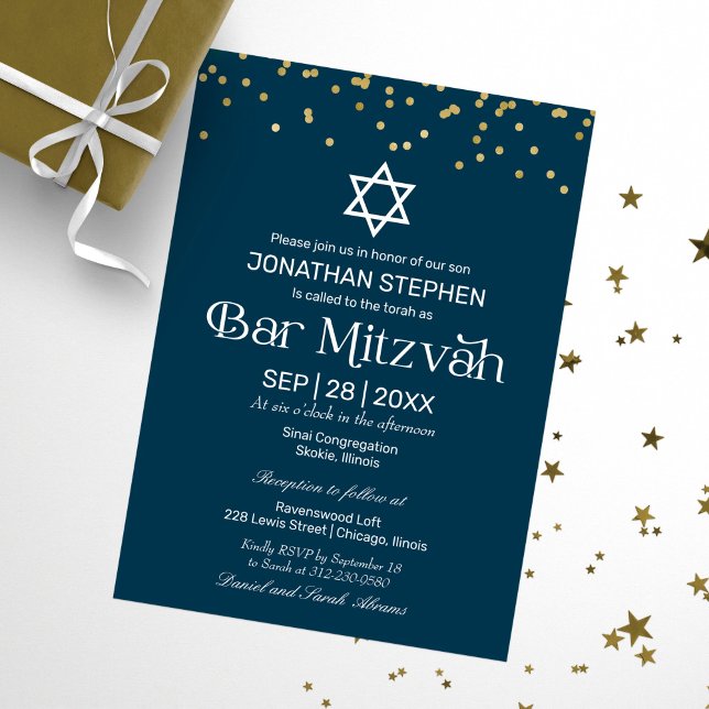 Convite Tipografia Moderna Dourada Confete Azul Bar Mitzva (Criador carregado)
