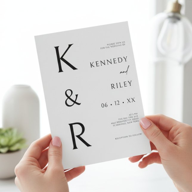 Convite Tipografia Moderna Monograma Casamento QR Branco P (Modern Monogram Typography Black White QR Wedding Invitation)