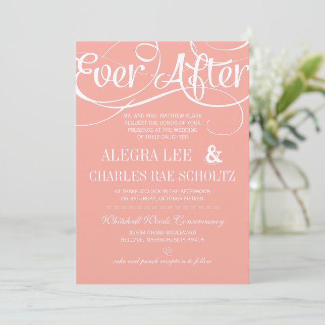 Convite Tipografia Moderna Peach Ever After Quadro Negro (Em pé/Frente)
