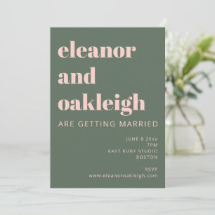 Convite Tipografia Negra Casamento Moderno Verde Rosa Rosa