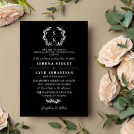 Convite Tipografia Negra Laurel Wreath Monogramas