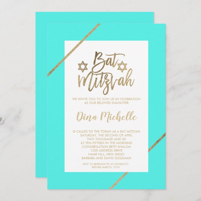 Convite Tipografia ouro foliar aqua quic Bat Mitzvah (Frente/Verso)