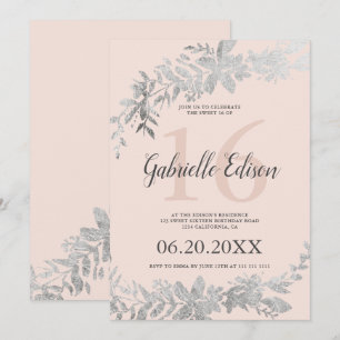 Convite Tipografia prateada Floral rosa bege Doce 16