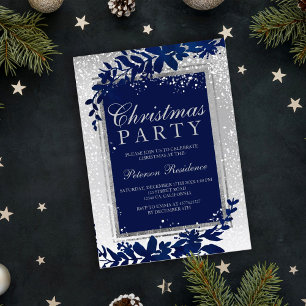 Convite tipografia prateada folha azul neve elegante Natal