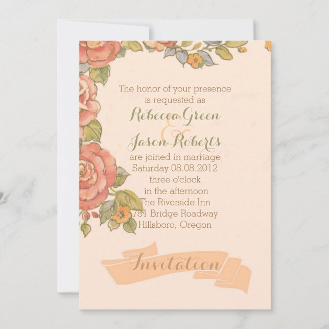 Convite tipografia retrô flores pêssego casamento primaver (Frente)