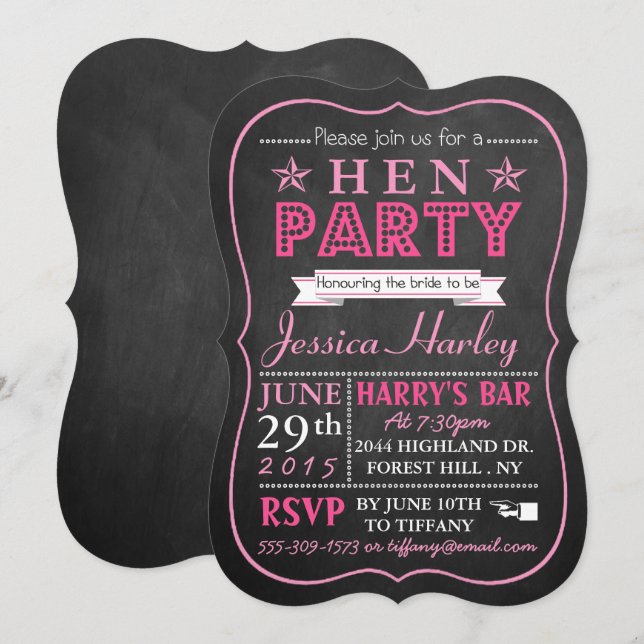 Convite Tipografia Rosa Chalkboard Hen Party (Frente/Verso)
