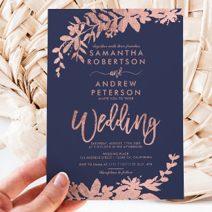Convite Tipografia rosa dourada Casamento azul marinho