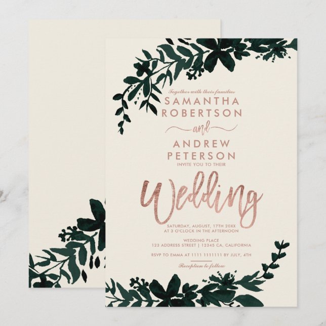 Convite Tipografia rosa dourada Casamento de marfim (Frente/Verso)