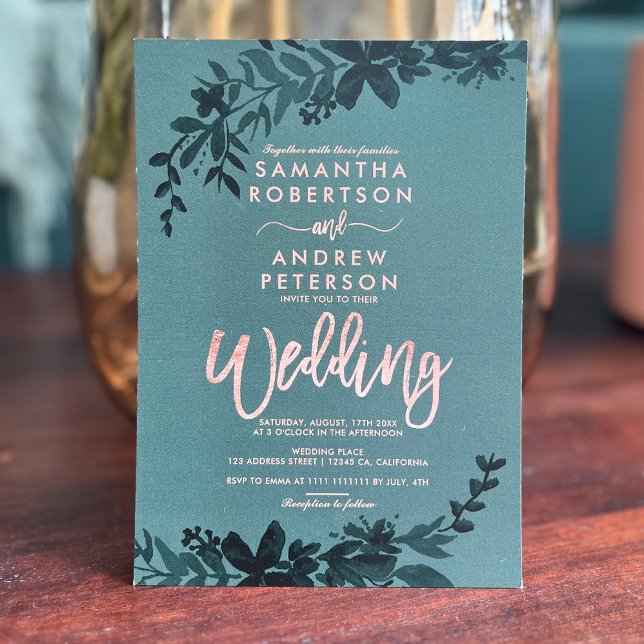 Convite Tipografia rosa dourada Casamento verde (Rose gold typography Floral green wedding Invitation)