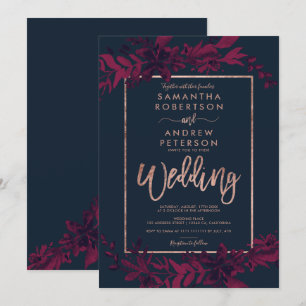 Convite Tipografia rosa dourada Casamento vermelho marinho