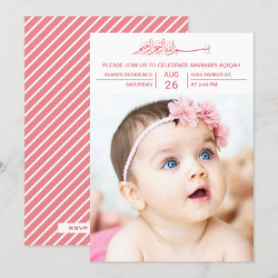 Convite Tipografia Rosa Moderna Foto de Bebê Menina Aqiqah