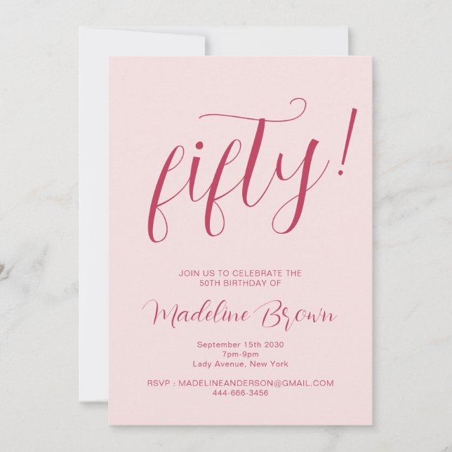 Convite Tipografia Script Blush Pink 50th Birthday (Frente)