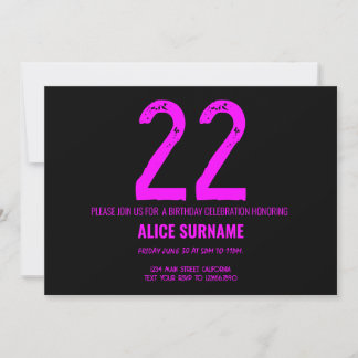 Convite Tipografia Simples Rosa de Aniversário de 22 Anos