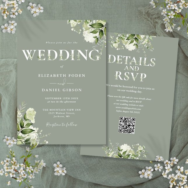 Convite Tipografia Verde QR Code Casamento Verde Salvia (Greenery Typography QR Code Sage Green Wedding Invitation)